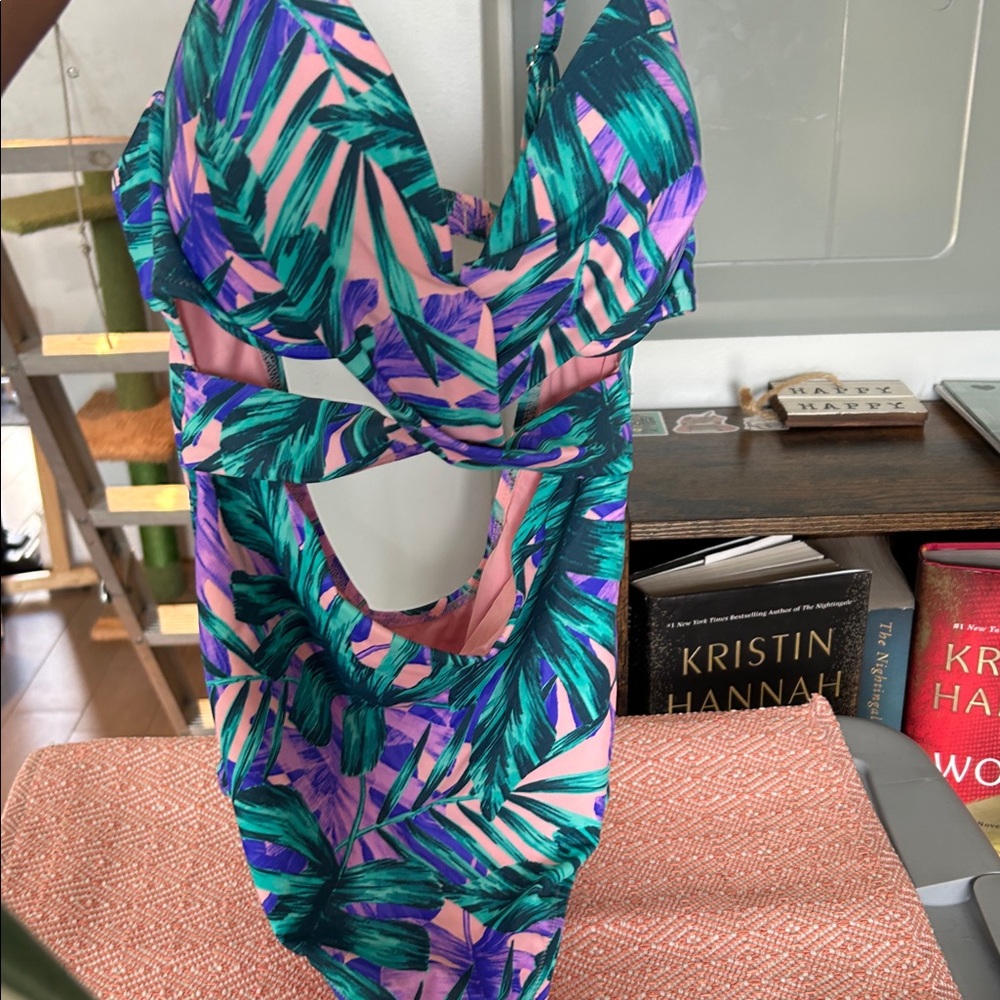 Shade & Shore Green and Purple Leaf One Piece Swimsuit